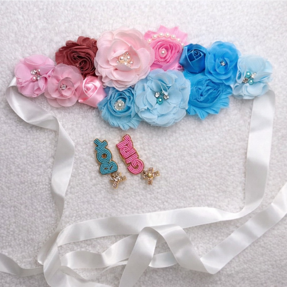 Handmade Gender Reveal Floral Sash Belt + Beaded Boy & Girl Earrings Set | NEW